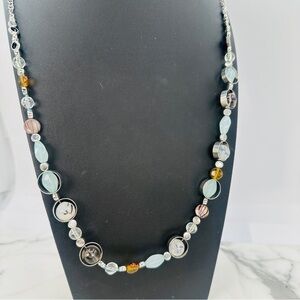 Chico’s Long Necklace Aqua & Amber Glass Metal Beads Versatile Adjustable 32”